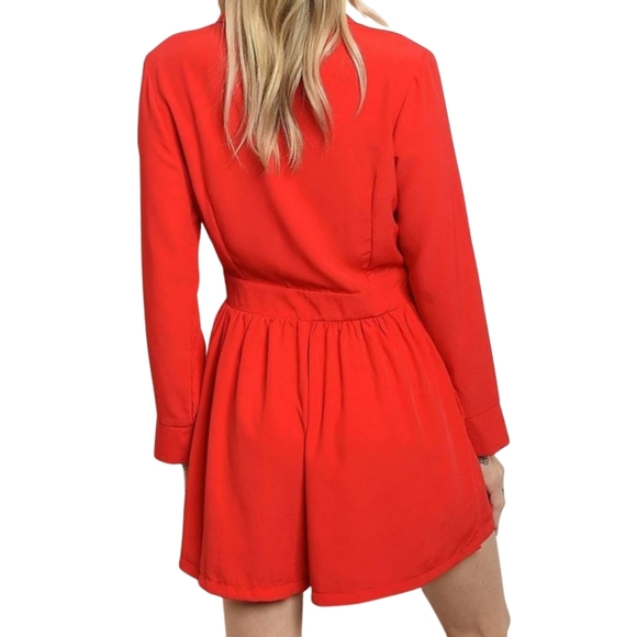 Red Long Sleeve Button Down Romper - Picture 7 of 8